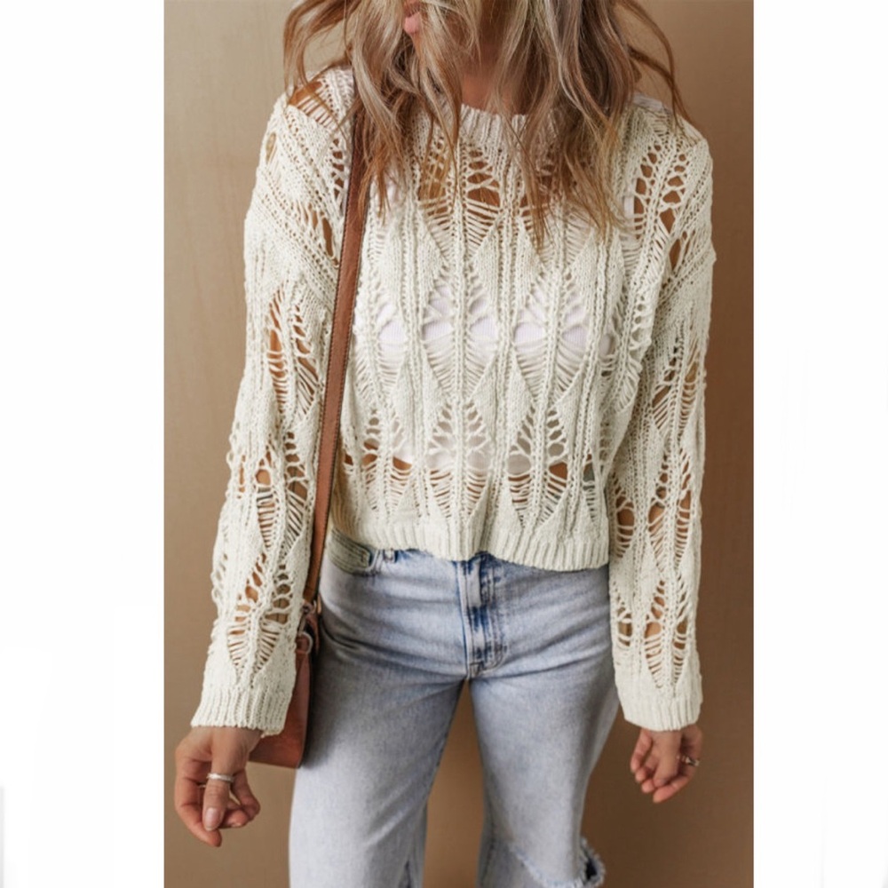 Cream Crochet Loose Fit Sweater - Picture 5 of 12